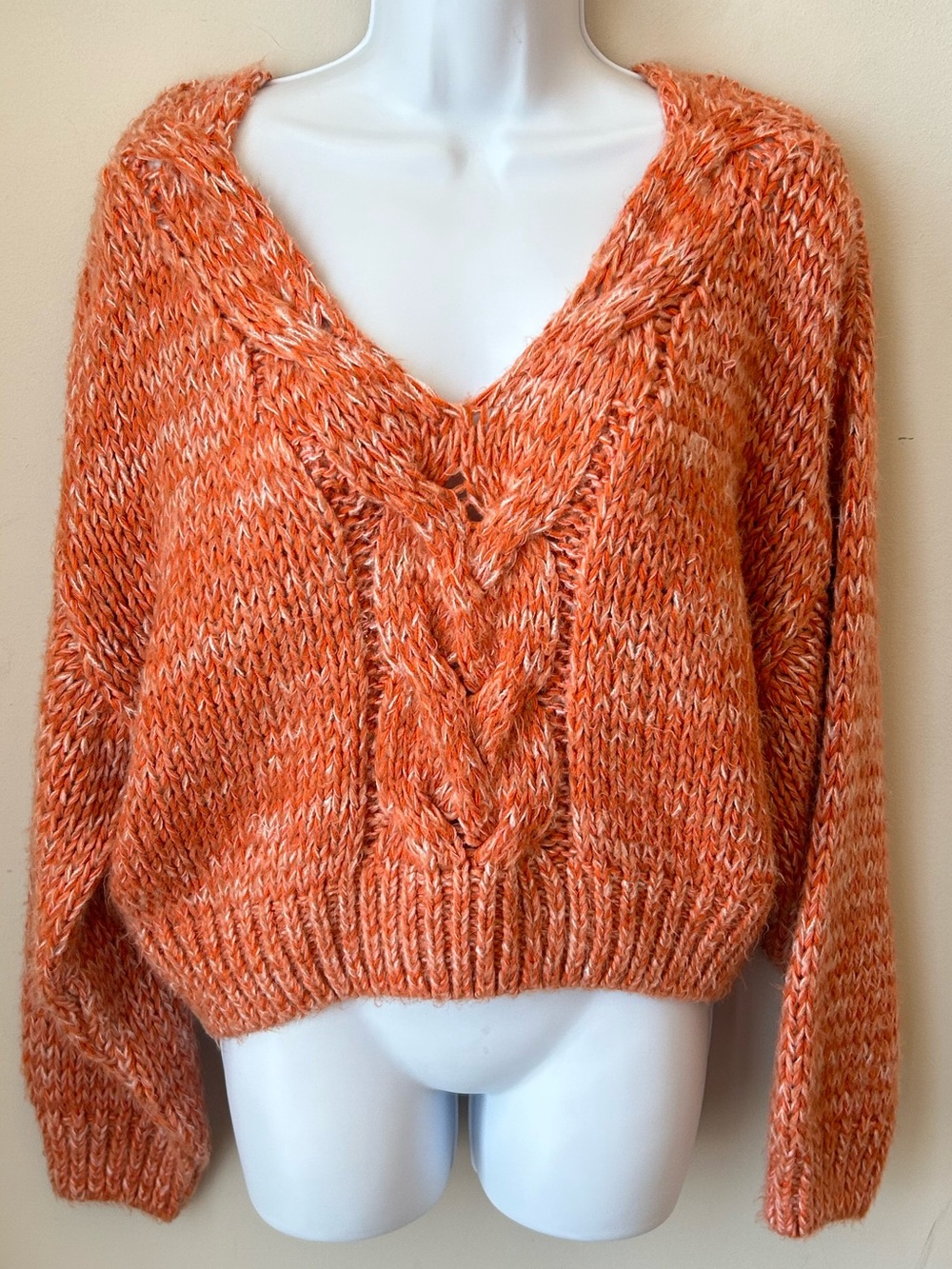 Topshop Marled Orange V-Neck Cable Knit Sweater Size 4-6 Oversized
